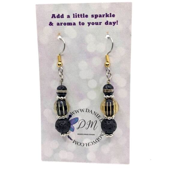 Artisan Made Dangle Diffuser Earrings Striped Glass Black Lava Beads Pierced NEW - Picture 1 of 10